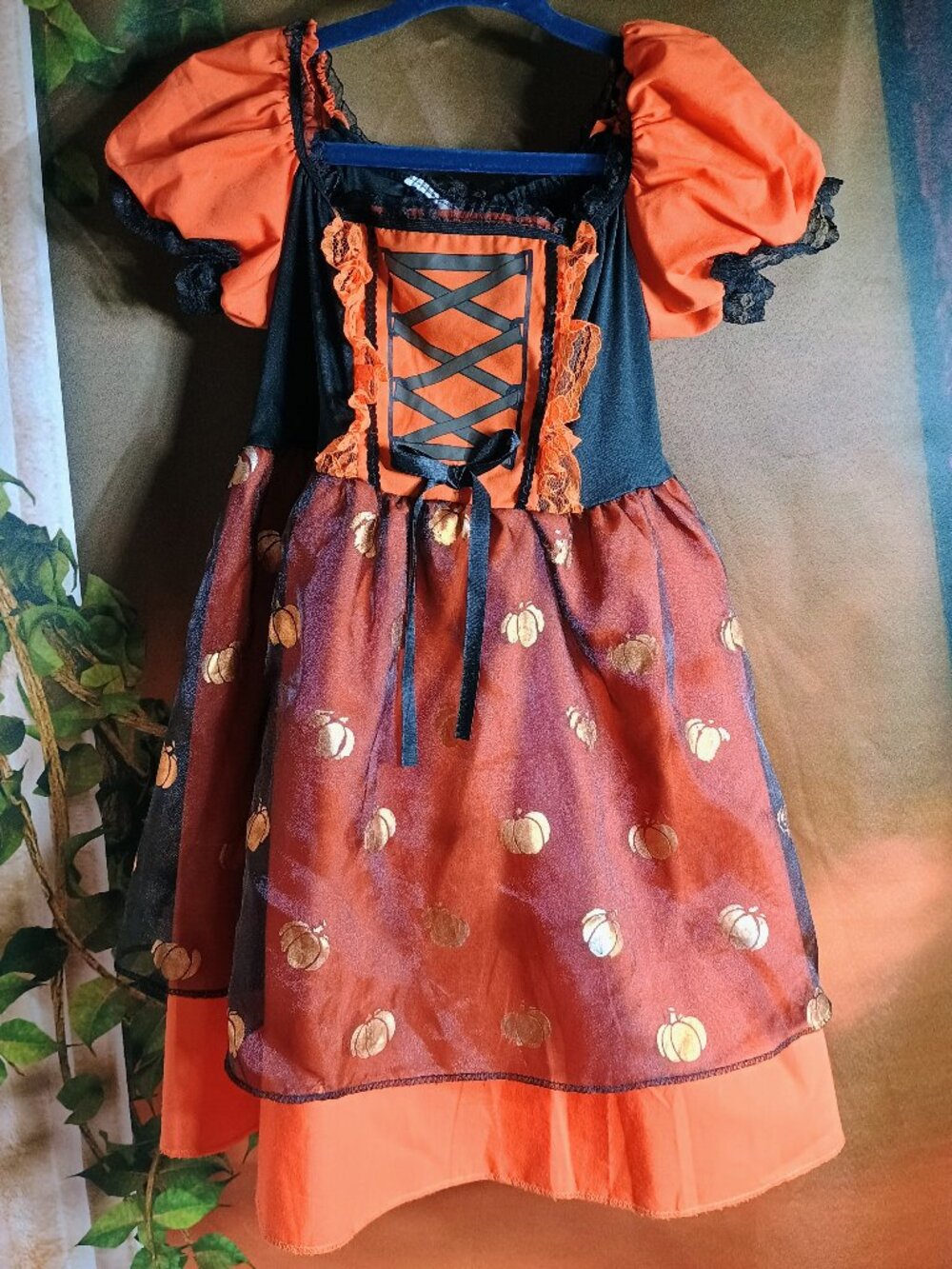 Girls' Chicwish Orange & Black Pumpkin Lace Witch Costume Dress Gold Mesh Mini
